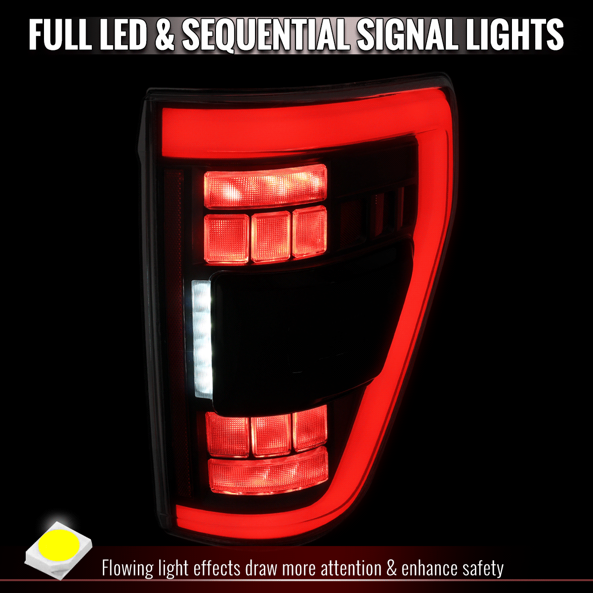 2021-2023 Ford F-150 Full LED Tail Lights with White Light Bar Sequential Turn Signal, Startup Animation & Factory BSM Compatibility (Black Housing / Smoked Lens)