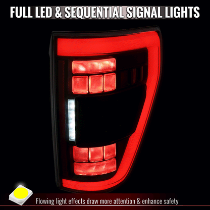 2021-2023 Ford F-150 Full LED Tail Lights with White Light Bar Sequential Turn Signal, Startup Animation & Factory BSM Compatibility (Black Housing / Smoked Lens)