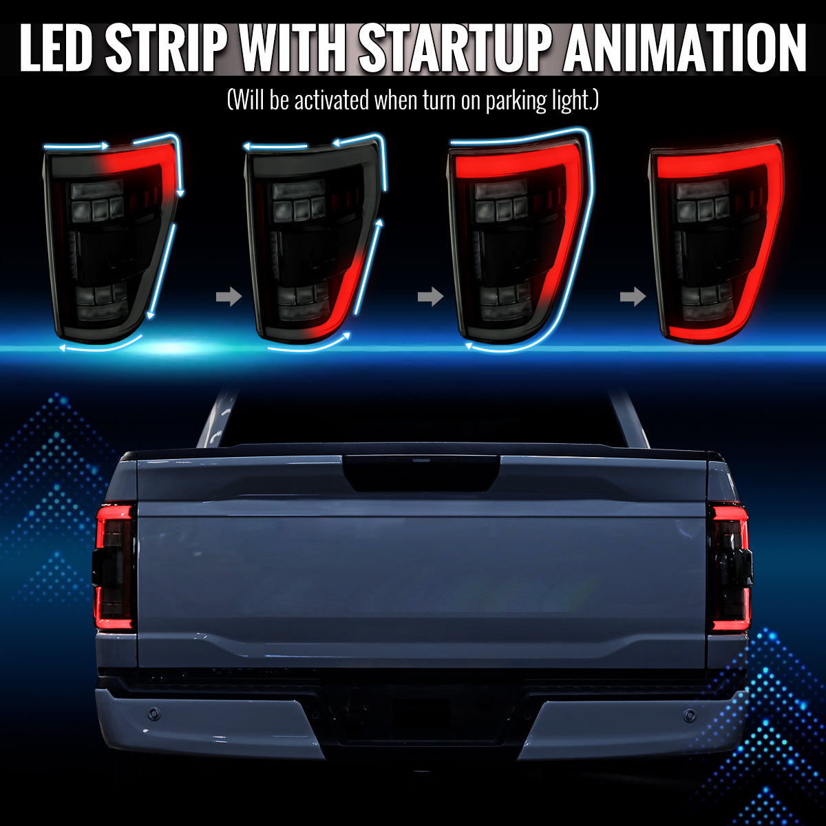 2021-2023 Ford F-150 Full LED Tail Lights with White Light Bar Sequential Turn Signal, Startup Animation & Factory BSM Compatibility (Black Housing / Smoked Lens)