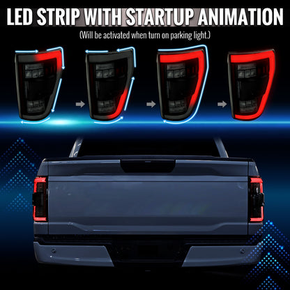 2021-2023 Ford F-150 Full LED Tail Lights with White Light Bar Sequential Turn Signal, Startup Animation & Factory BSM Compatibility (Black Housing / Smoked Lens)
