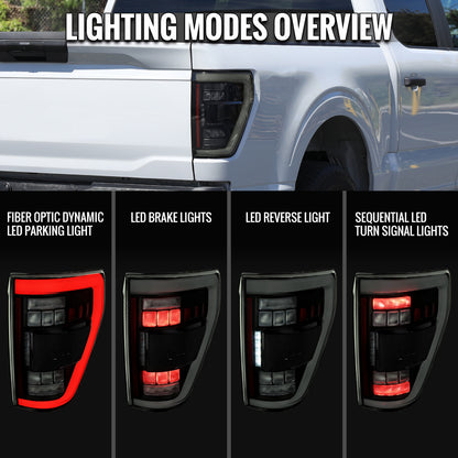 2021-2023 Ford F-150 Full LED Tail Lights with White Light Bar Sequential Turn Signal, Startup Animation & Factory BSM Compatibility (Black Housing / Smoked Lens)