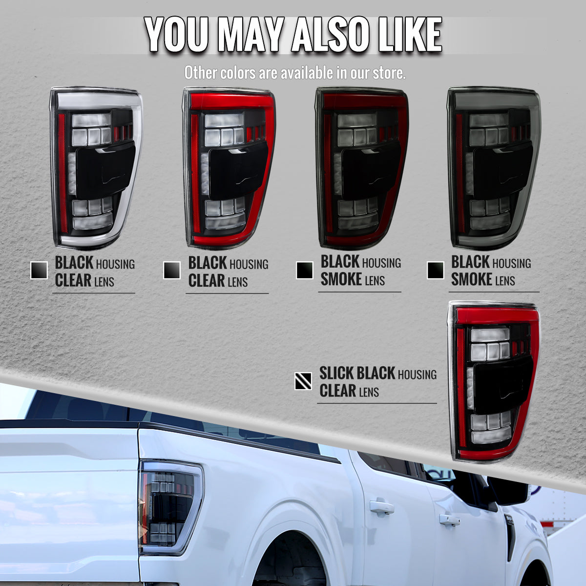 2021-2023 Ford F-150 Full LED Tail Lights with White Light Bar Sequential Turn Signal, Startup Animation & Factory BSM Compatibility (Black Housing / Smoked Lens)