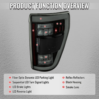 2021-2023 Ford F-150 Full LED Tail Lights with White Light Bar Sequential Turn Signal, Startup Animation & Factory BSM Compatibility (Black Housing / Smoked Lens)
