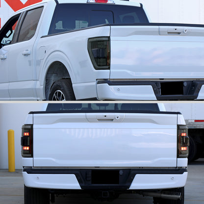2021-2023 Ford F-150 Full LED Tail Lights with White Light Bar Sequential Turn Signal, Startup Animation & Factory BSM Compatibility (Black Housing / Smoked Lens)