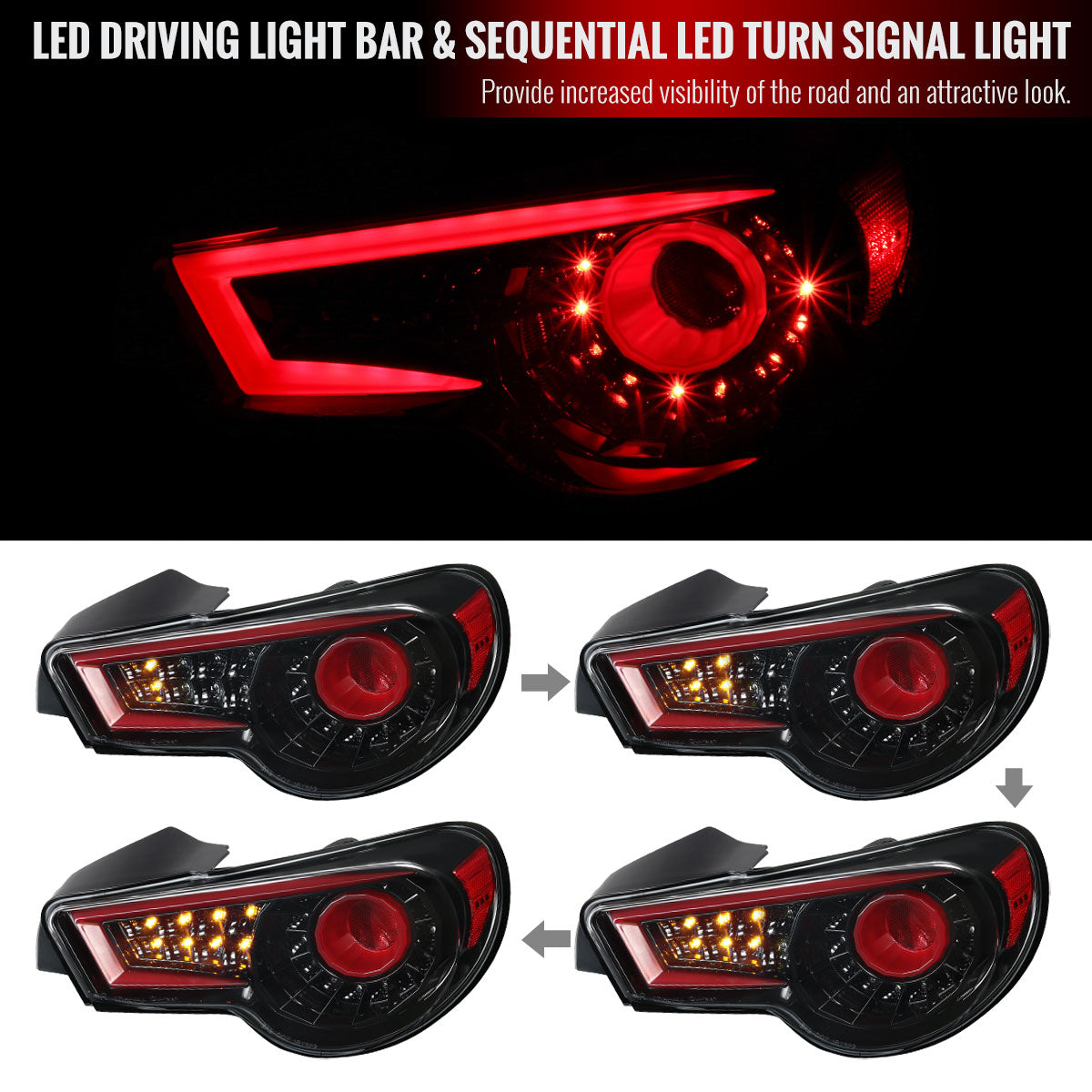 2012-2016 Scion FRS/ Subaru BRZ/ Toyota 86 Sequential LED Tail Lights (Jet Black Housing/Clear Lens)