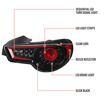 2012-2016 Scion FRS/ Subaru BRZ/ Toyota 86 Sequential LED Tail Lights (Jet Black Housing/Clear Lens)
