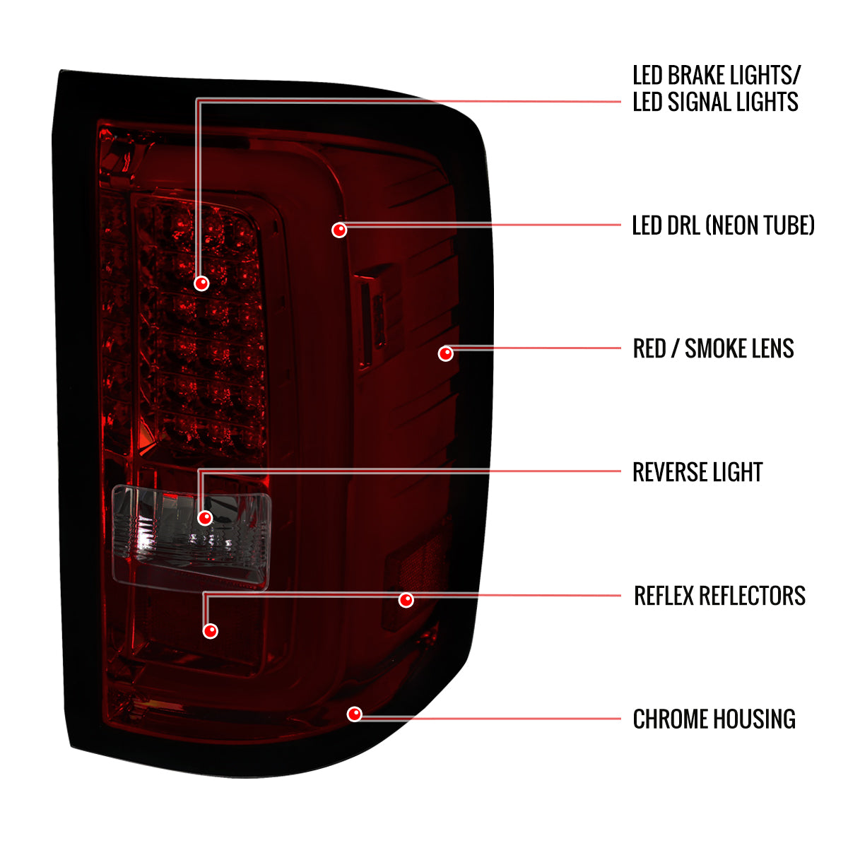 2014-2018 GMC Sierra 1500/2500HD/3500HD LED Tail Lights (Chrome Housing/Red Smoked Lens)