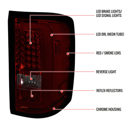 2014-2018 GMC Sierra 1500/2500HD/3500HD LED Tail Lights (Chrome Housing/Red Smoked Lens)