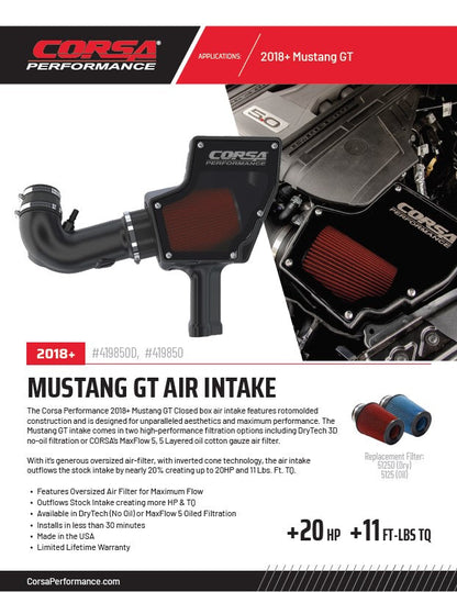 CORSA Black, Forged Carbon Fiber / Plastic Closed Box Air Intake | 2018-2023 Ford Mustang GT 5.0L V8 (44007, 419850)