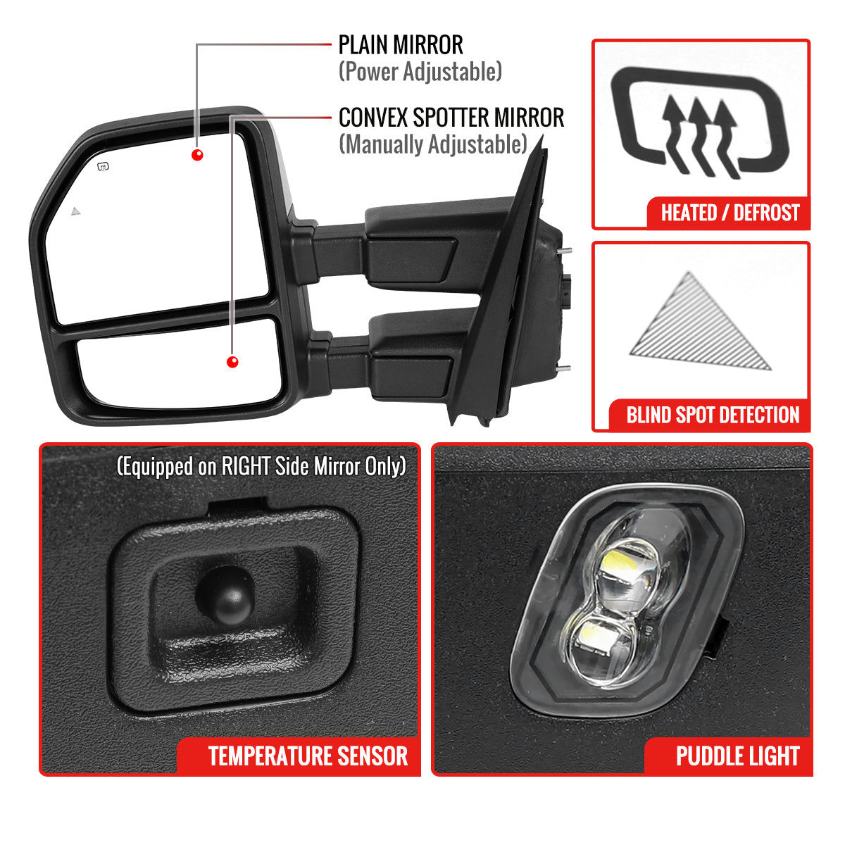 2021-2026 Ford F-150 F-250 Power Adjustable, Heated, & Manual Extendable Towing Mirrors w/ Clear Lens LED Turn Signal, Clearance, Puddle, & Auxiliary Lights