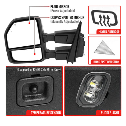 2021-2026 Ford F-150 F-250 Power Adjustable, Heated, & Manual Extendable Towing Mirrors w/ Clear Lens LED Turn Signal, Clearance, Puddle, & Auxiliary Lights