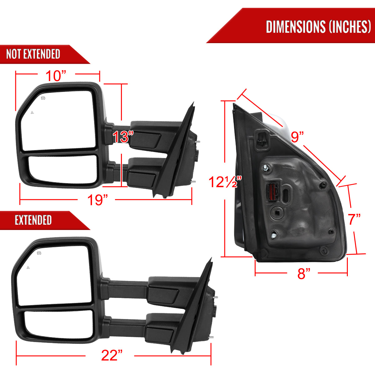 2021-2026 Ford F-150 F-250 Power Adjustable, Heated, & Manual Extendable Towing Mirrors w/ Clear Lens LED Turn Signal, Clearance, Puddle, & Auxiliary Lights