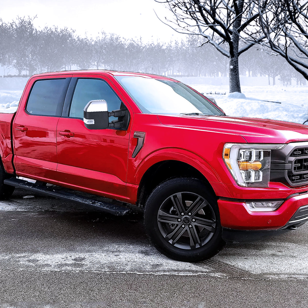 2021-2026 Ford F-150 F-250 Power Adjustable, Heated, & Manual Extendable Towing Mirrors w/ Clear Lens LED Turn Signal, Clearance, Puddle, & Auxiliary Lights