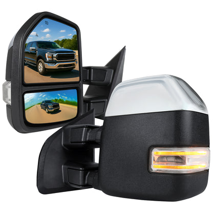 2021-2026 Ford F-150 F-250 Power Adjustable, Heated, & Manual Extendable Towing Mirrors w/ Clear Lens LED Turn Signal, Clearance, Puddle, & Auxiliary Lights