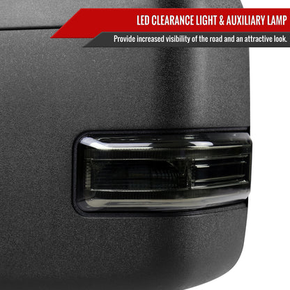 2017-2019 Ford F-250/F-350/F-450/F-550 Super Duty Power Adjustable, Heated, BSM, ATS, & Manual Extendable Towing Mirrors w/ Smoked Lens LED Turn Signal, Clearance, & Auxiliary Lights