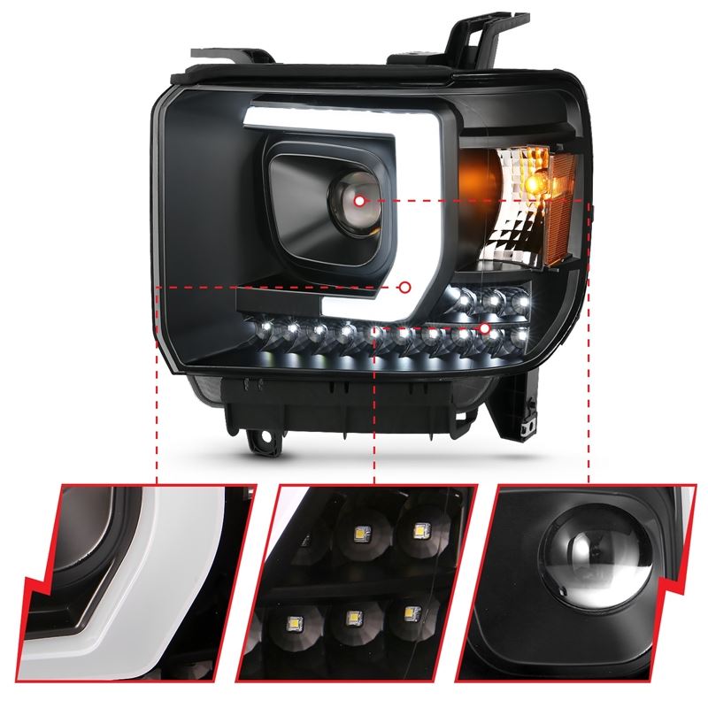 ANZO Projector Plank Style Headlight Set Black w/ DRL | GMC Sierra 1500HD (14-15) (111450)