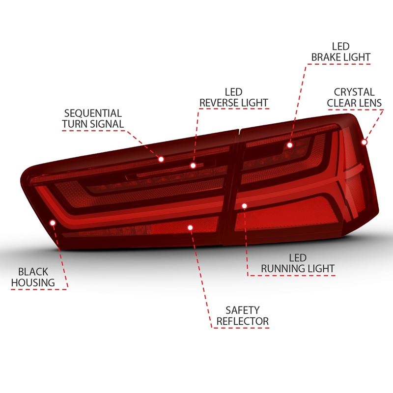 ANZO LED Tail Light Assembly Black Housing Red/Clear Lens w/ Sequential Signal | Audi A6 (12-18) (321353)