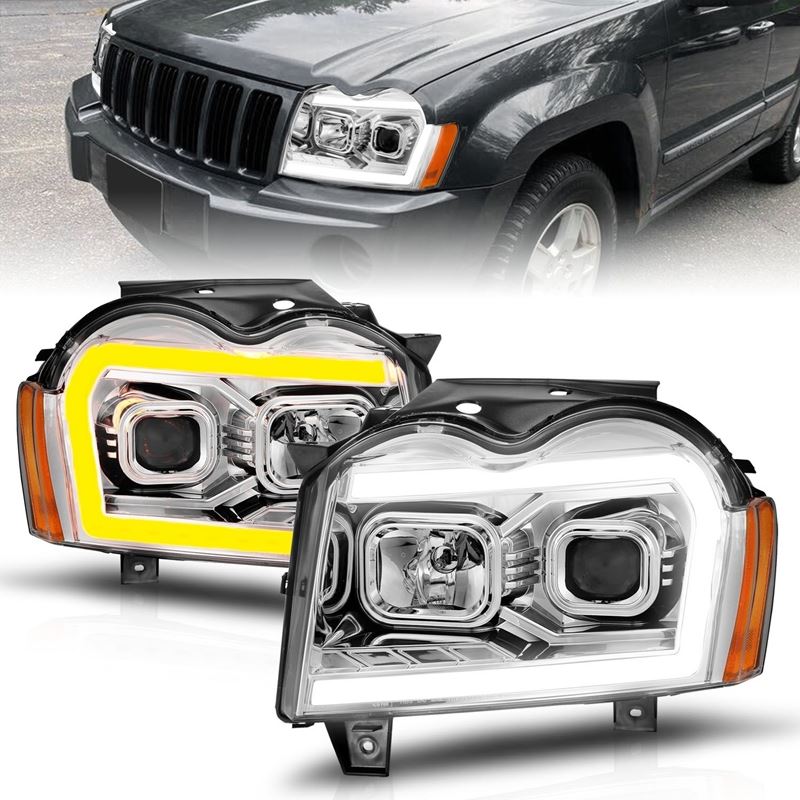 ANZO Projector Headlight Set w/ Light Bar Switchback Chrome Housing | Jeep Grand Cherokee (05-07) (111544)