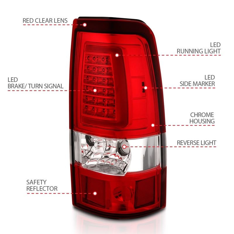ANZO LED Tail Light Assembly Chrome w/ Red/Clear Lens Pair | Chevy Silverado 1500 (99-02) (311332)