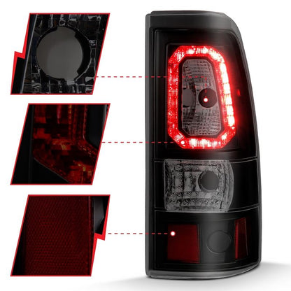 ANZO LED Tail Light Assembly w/ Smoke Lens Black Housing Pair | Chevy Silverado 1500 (99-02) (311325)