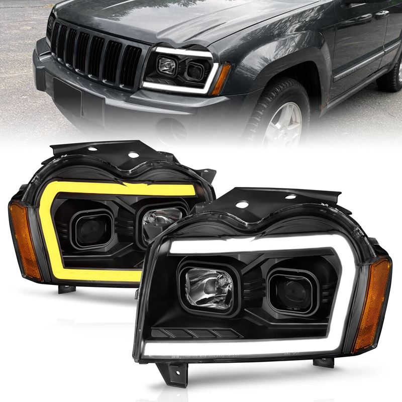 ANZO Projector Headlight Set w/ Light Bar Switchback Black Housing | Jeep Grand Cherokee (05-07) (111543)