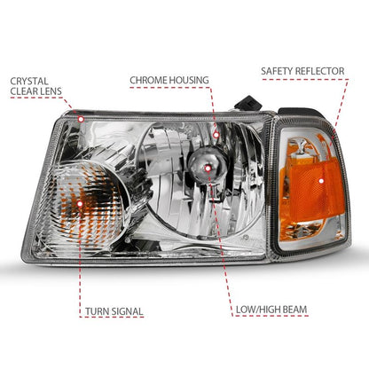 ANZO Crystal Headlight Set w/ Corner Lights Chrome Clear Lens | Ford Ranger (01-11) (111484)