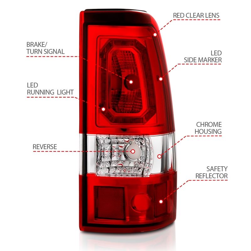 ANZO LED Tail Light Assembly Pair w/ Red/Clear Lens Chrome Housing | Chevy Silverado 1500 (99-02) (311326)