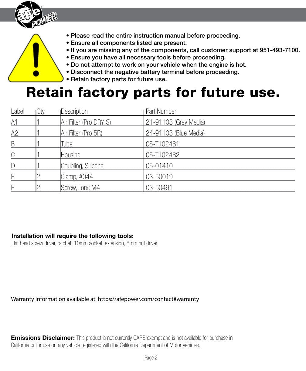 aFe Stage-2 PDS AIS Intake | Honda Civic 1.5L 2016 (TM-1024B-D)