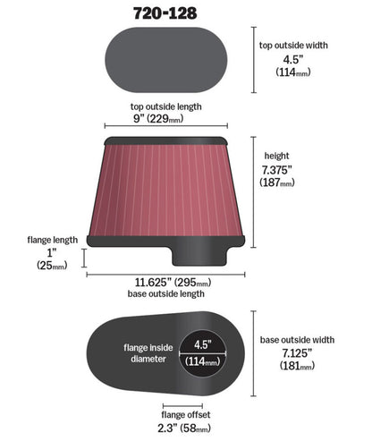 AIRAID 720-128 Universal Oval Air Filter 4.5" Flange for Custom Intake Use