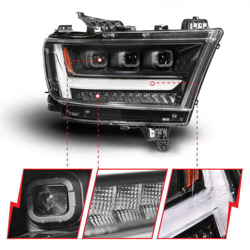 ANZO Full LED Proj Headlight DRL/SeqSig Black Pass. Side | RAM 1500 (19-24) (111628A-R)