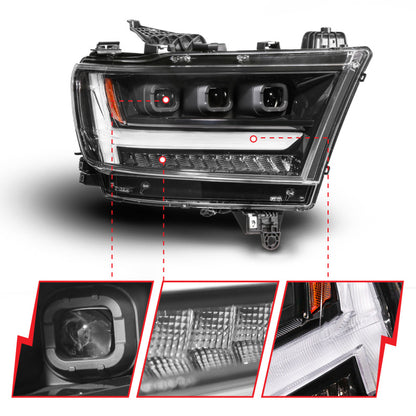 ANZO Full LED Proj Headlight DRL/SeqSig Black Pass. Side | RAM 1500 (19-24) (111628A-R)