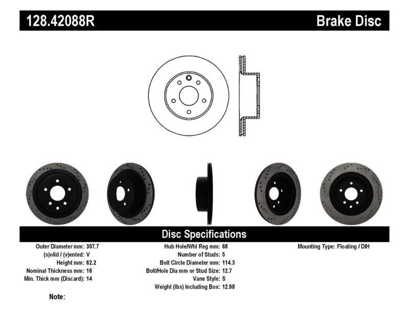 Stoptech 128.42088R Sport Cross-Drilled Disc Brake Rotors For Nissan Maxima