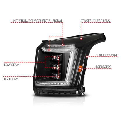 ANZO 15-20 GMC Yukon/XL Full LED Proj Headlight Black DRV Halogen Models | Yukon/XL (111635X-L)