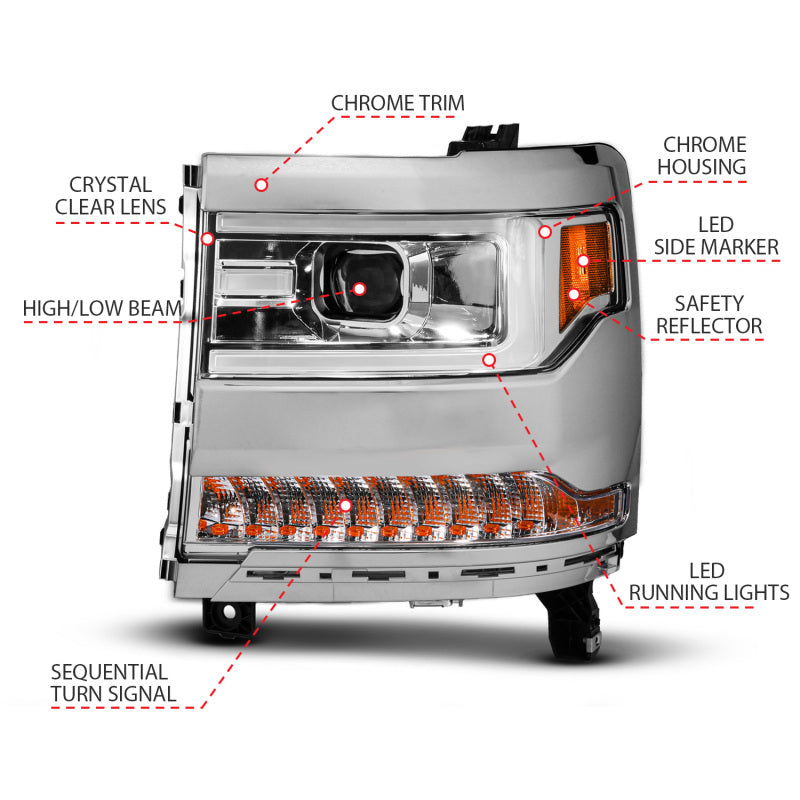 ANZO 16-18 Chevy Silverado1500 (Factory HID Models) LED Prj Light Bar Style Headlights Chrome - Pair