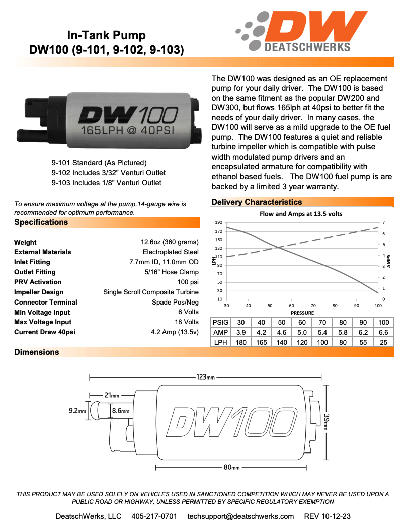 DeatschWerks 165 LPH In-Tank Fuel Pump w/ 90-07 Subaru Legacy, 93-07 Impreza Install Kit