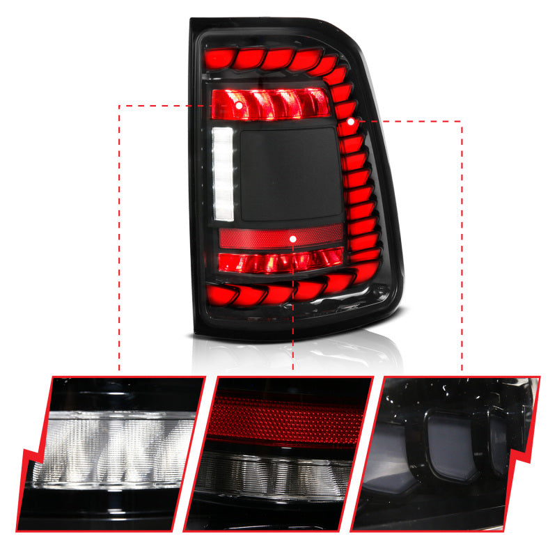 ANZO 19-24 RAM 1500 Factory Halogen Full LED Tail Lights SeqSig Black Pair (311480A)