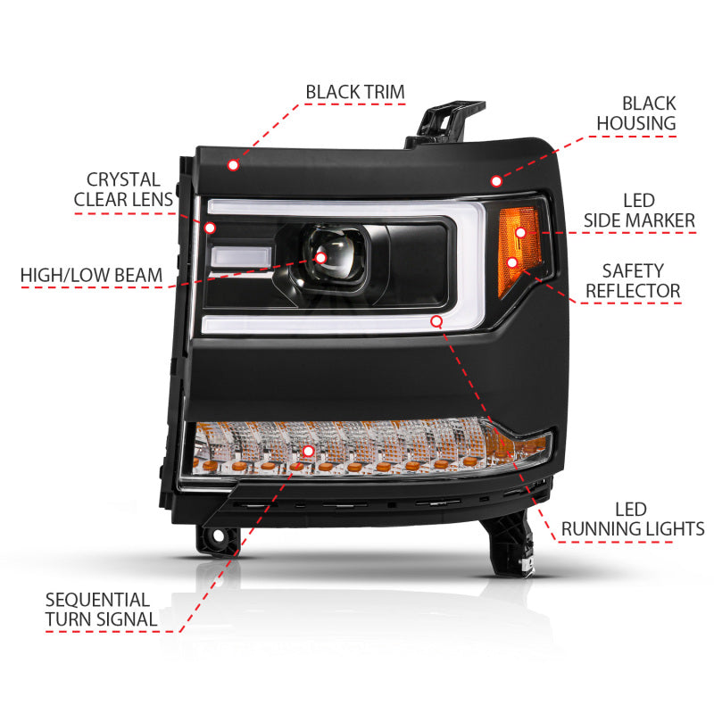 ANZO 16-18 Chevy Silverado1500 (Factory HID Models) LED Proj Light Bar Style Headlights Black - Pair