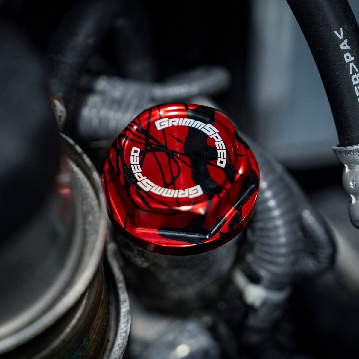 GrimmSpeed Bolt Style Red w/ Black Splatter Oil Cap Most Subaru Models