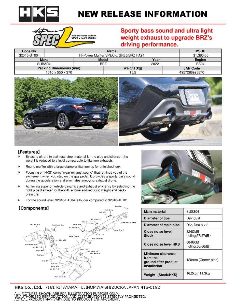 HKS Hi-Power SPEC-L Exhaust | Subaru BRZ / Toyota GR86 (22+) (32016-BT004)