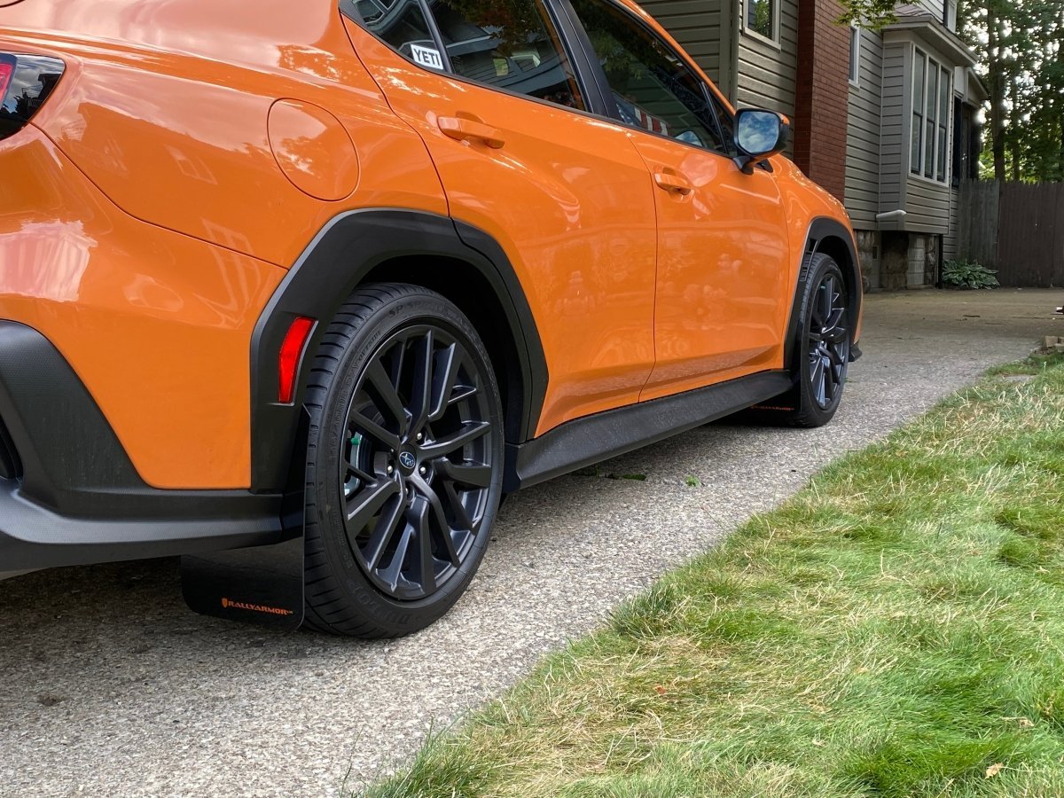 Rally Armor UR Mudflaps Black Urethane w/ New Era Orange Logo 2022-2024 WRX