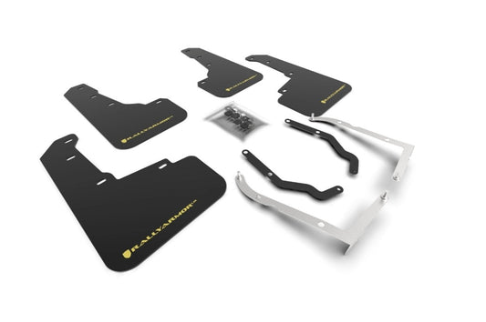 Rally Armor UR Mudflaps Black Urethane Yellow Pearl Logo 2018-2023 Crosstrek