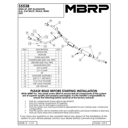 MBRP 2.5in Dual Rear Exit 3in Cat-Back Exhaust Aluminized | Jeep Gladiator 3.6L (20) (S5538AL)
