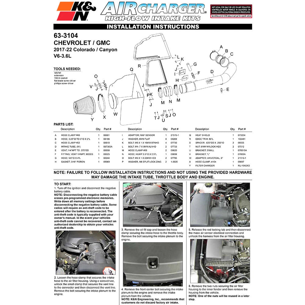 K&N AirCharger Performance Intake | Chevrolet Colorado V6-3.6L F/I (17-18) (63-3104)