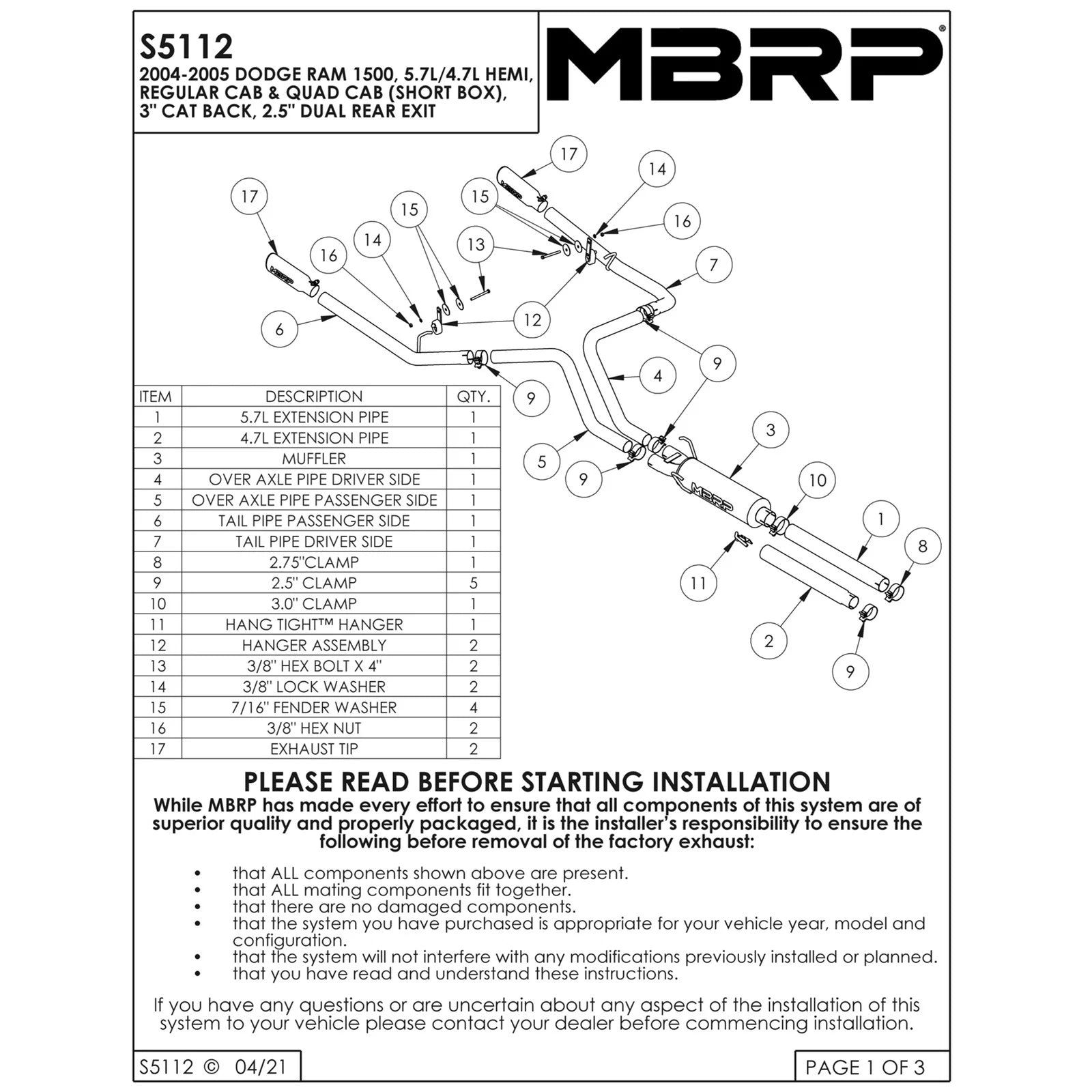 MBRP 3in Cat-Back D&S AL Exhaust | Dodge Ram 1500 Hemi 5.7L (04-05) (S5112AL)