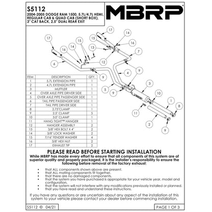 MBRP 3in Cat-Back D&S AL Exhaust | Dodge Ram 1500 Hemi 5.7L (04-05) (S5112AL)