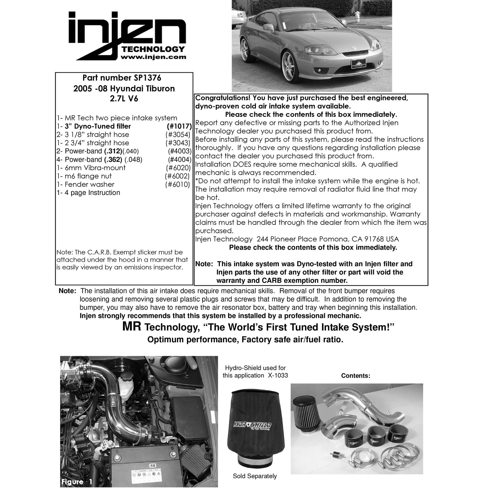 Injen Black Short Ram Intake | Hyundai Tiburon 2005-2006 2.7L V6 (SP1376BLK)