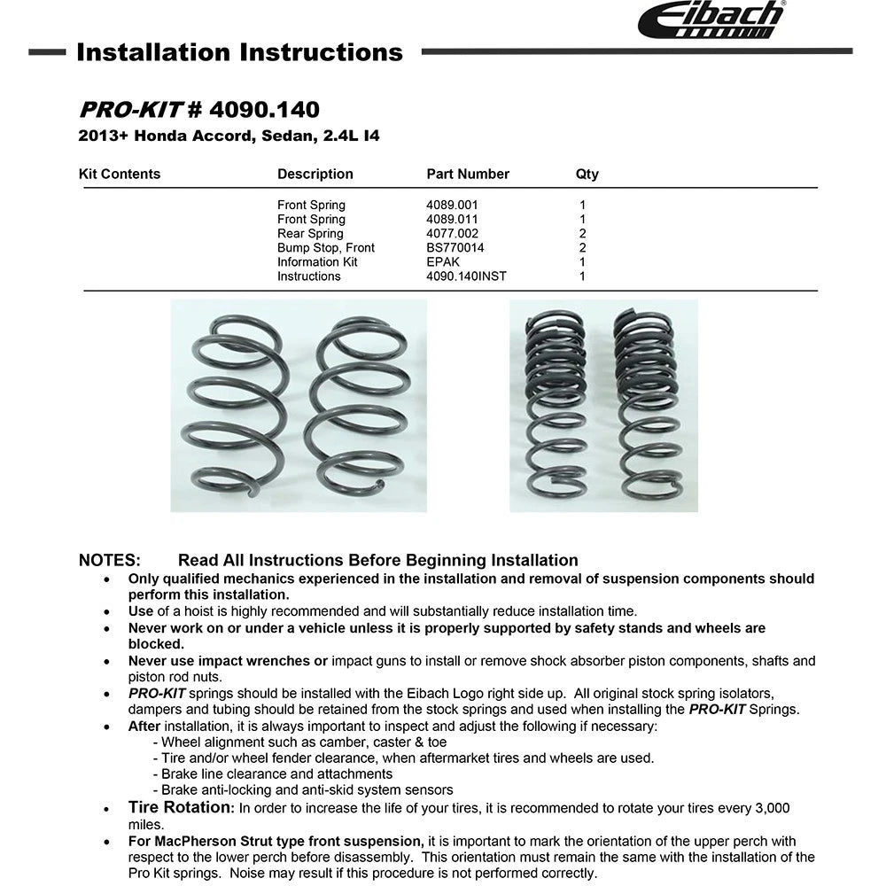 Eibach Pro-Kit Performance Springs | 2015-2019 Acura TLX Base 2.4L (4090.140)