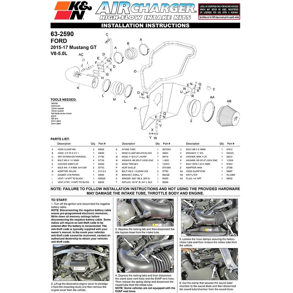 K&N 2015 Ford Mustang GT 5.0L V8 F/I Performance Intake Kit | Ford Mustang (15) (63-2590)