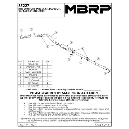 MBRP 3in AL Cat-Back Single Side Exit w/ 4in OD Tip | Ford Ranger Ecoboost 2.3L (19) (S5227AL)