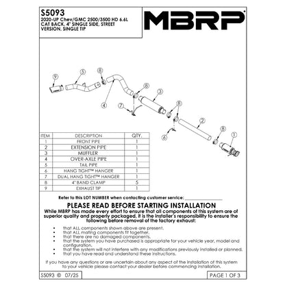 MBRP 4in Single Side Exit Pro Series T304 Exhaust | Chevy/GMC 2500/3500 HD 6.6L V8 (20) (S5093304)